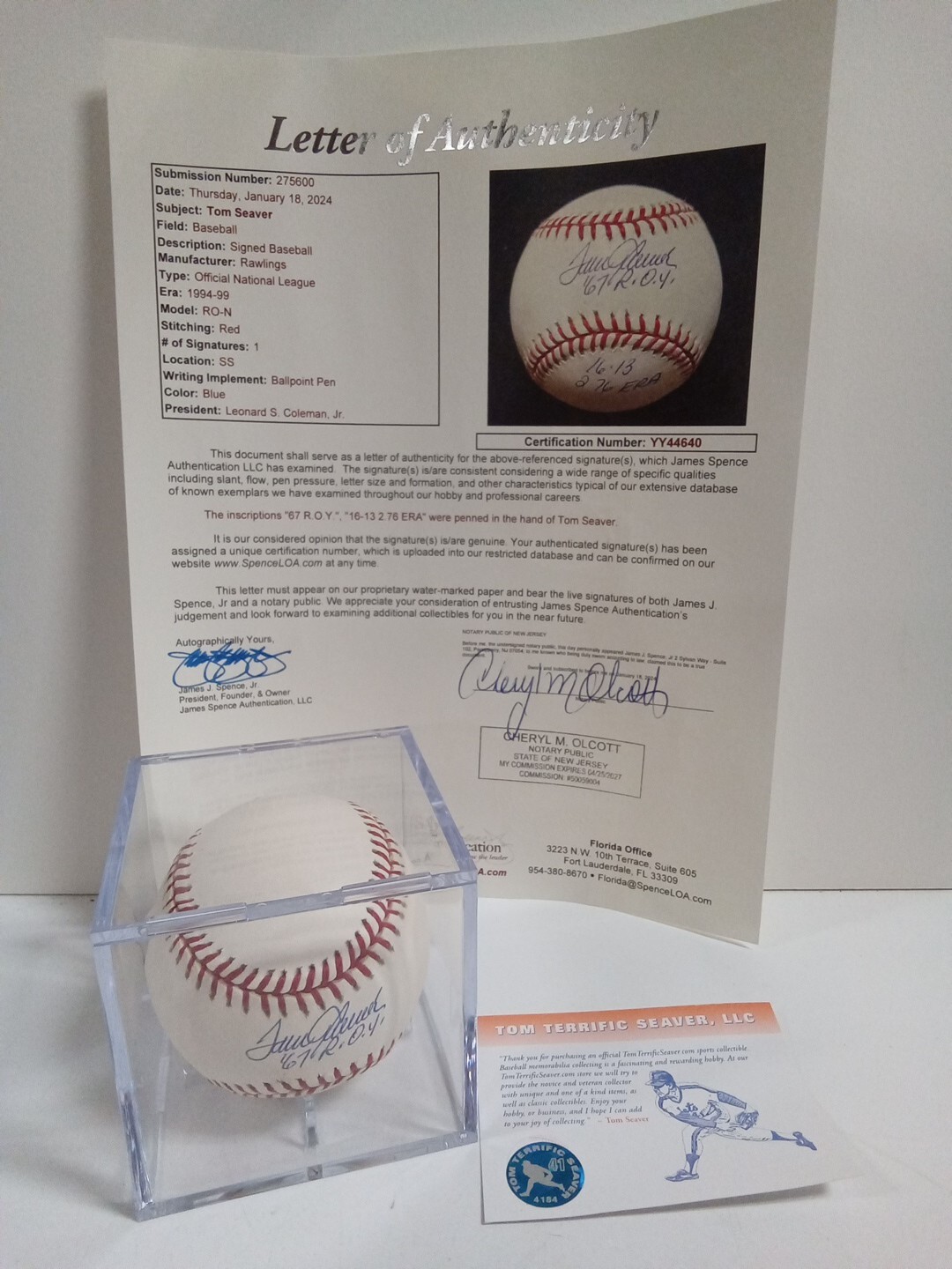 Tom Seaver Signed Inscribed “67 R.O.Y. 16-13 2.76 ERA” Baseball JSA -49