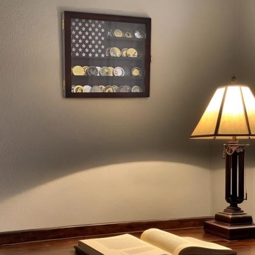 Wall Mounted Challenge Coin Display Stand with Acrylic Glass, Wooden Brown