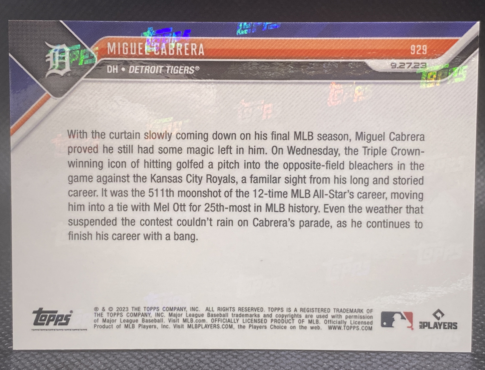 🔥🔥 2023 Topps Now MIGUEL CABRERA Blasts #511 HR Detroit Tigers HOF 🔥🔥