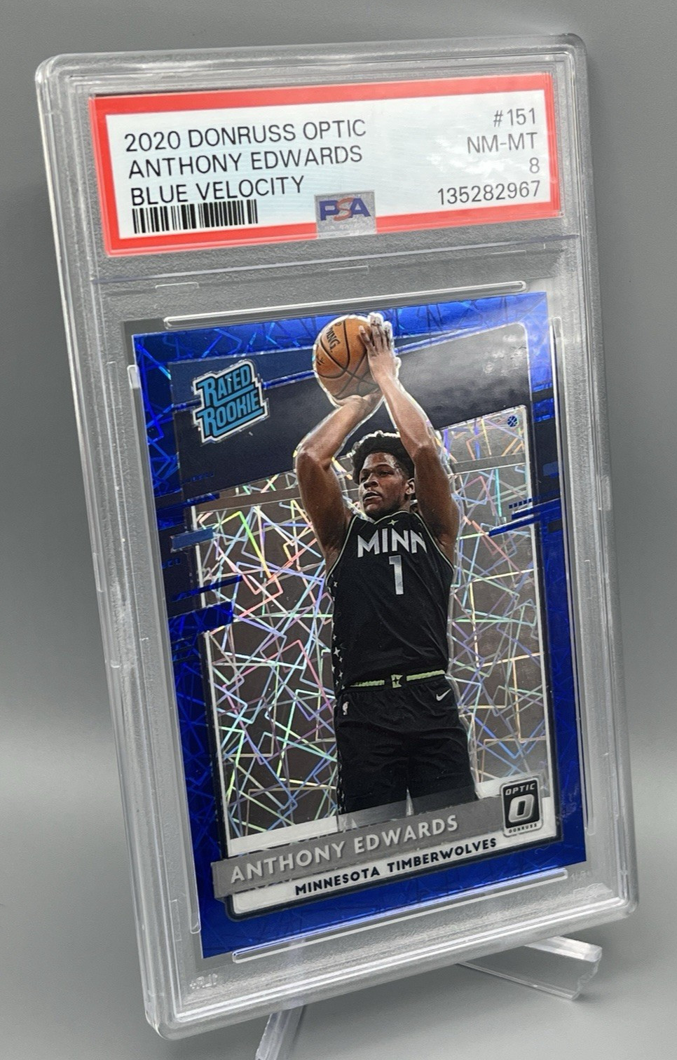 Anthony Edwards Timberwolves 2020-21 Optic #151 Blue Velocity Rated Rookie PSA 8