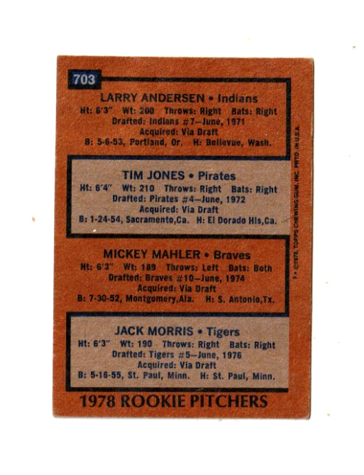 1978 Topps Baseball Jack Morris #703 HOF