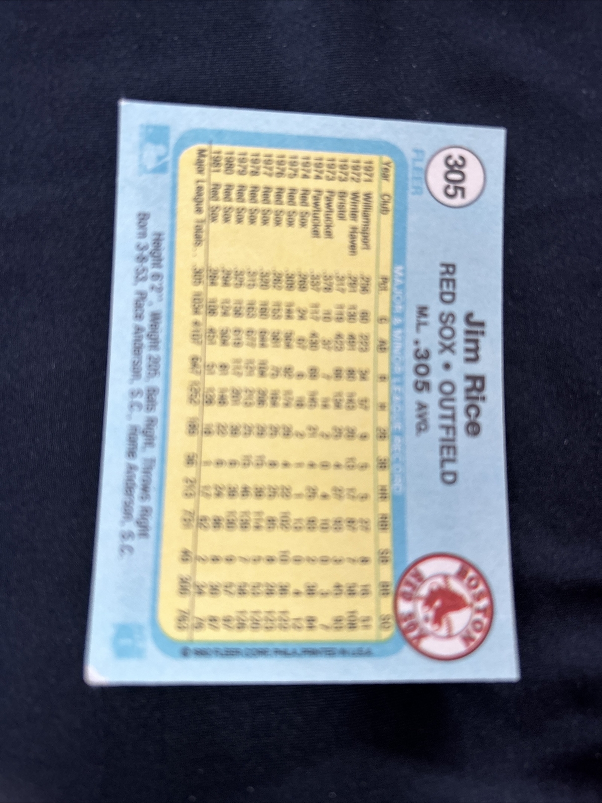 1982 Fleer Baseball Card #305 Jim Rice Boston Red Sox NmMt Free Shipping