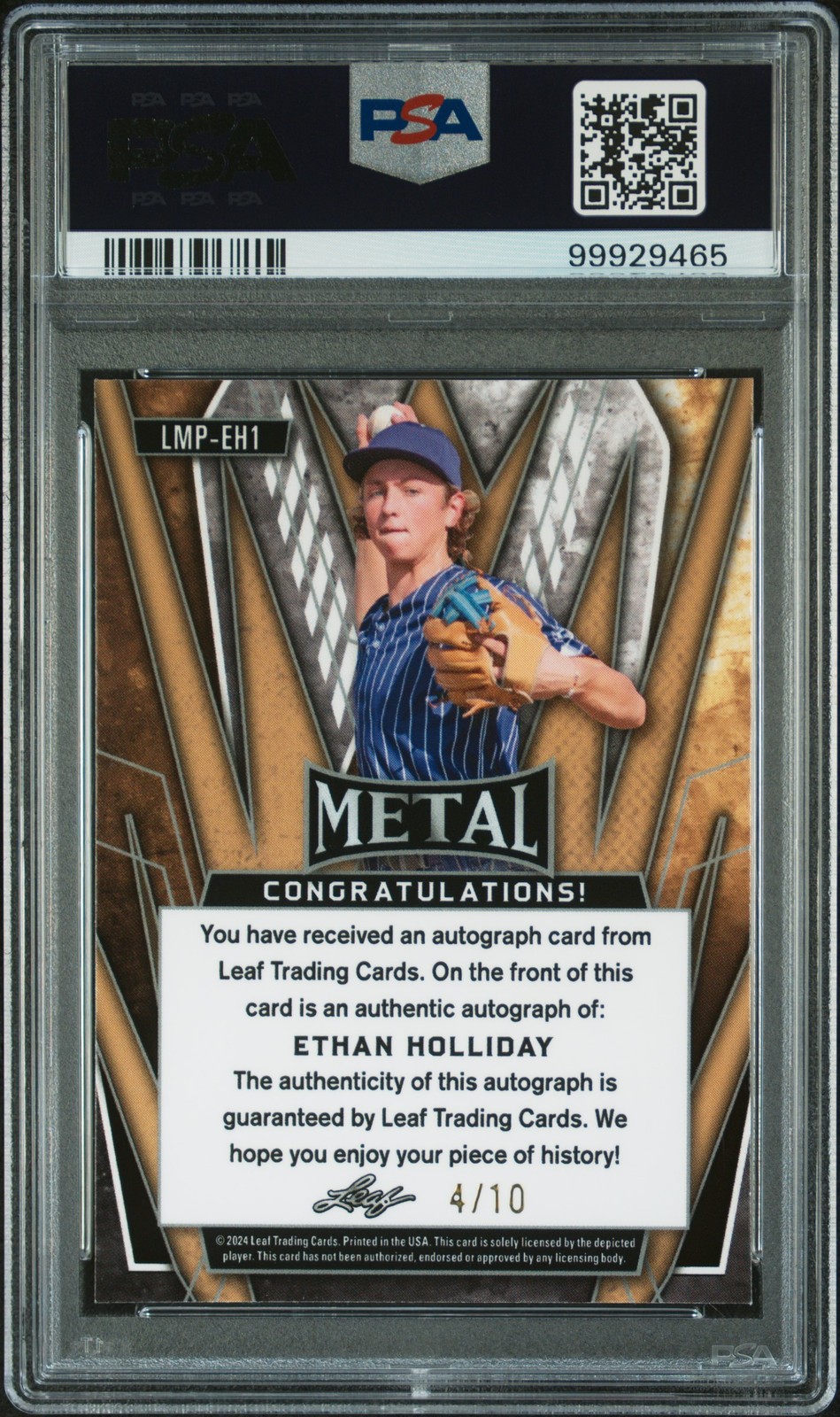 Ethan Holliday 2023 Leaf Trinity Leaf Metal Preview Fire Auto Card /10 PSA 9