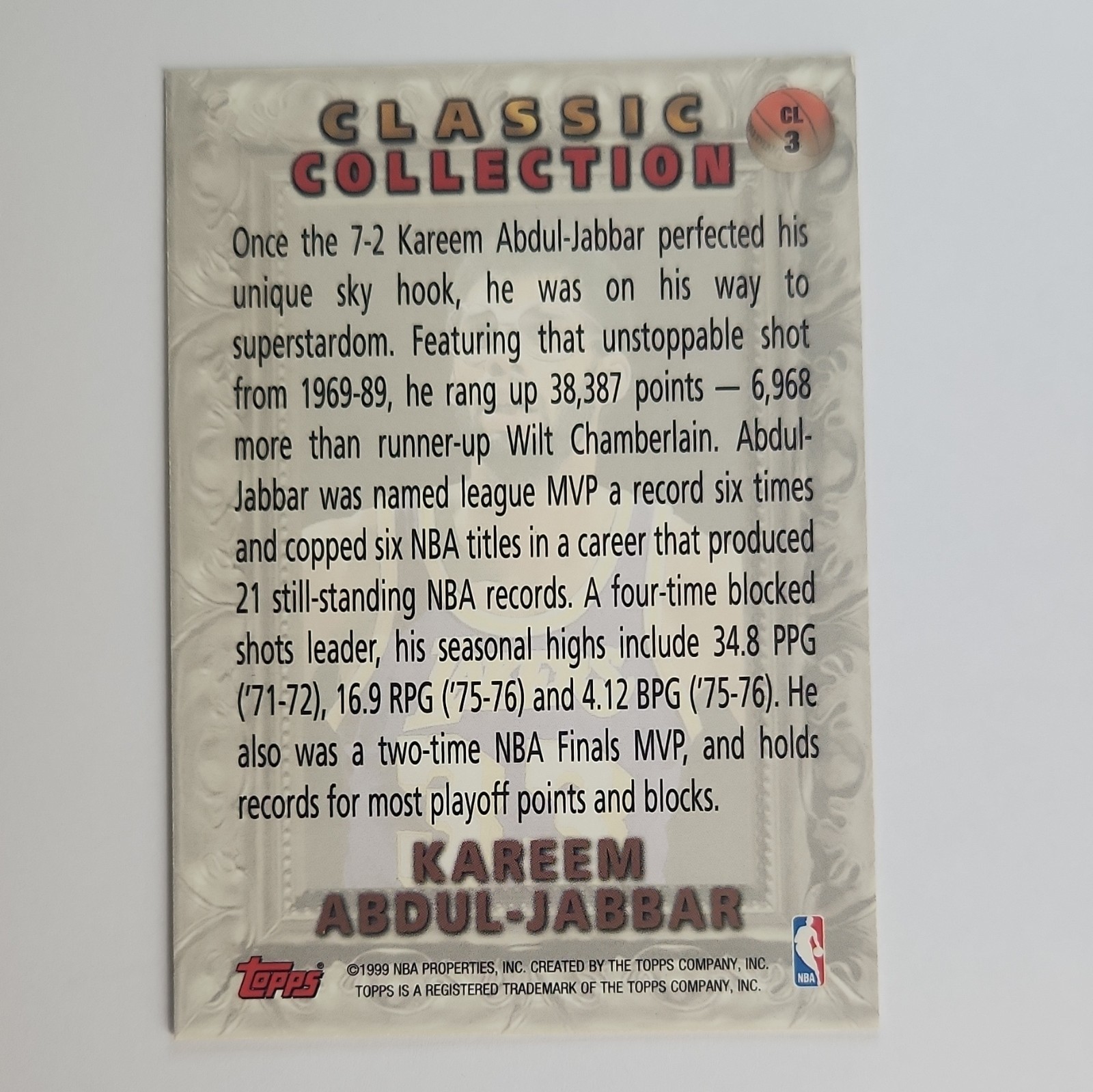 Topps 1999 Classic Collection Kareem Abdul-Jabbar Insert CL 3 Lakers