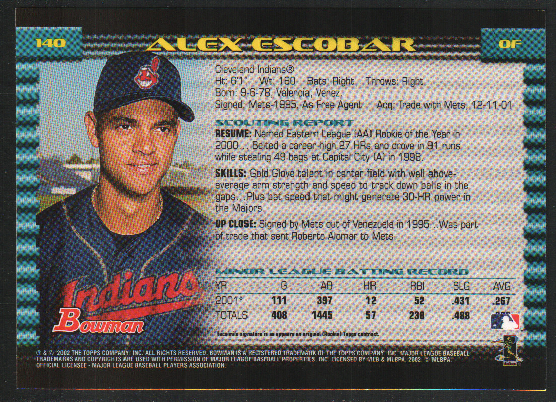 2002 Bowman Baseball #140 – Alex Escobar – Cleveland Indians 02-566
