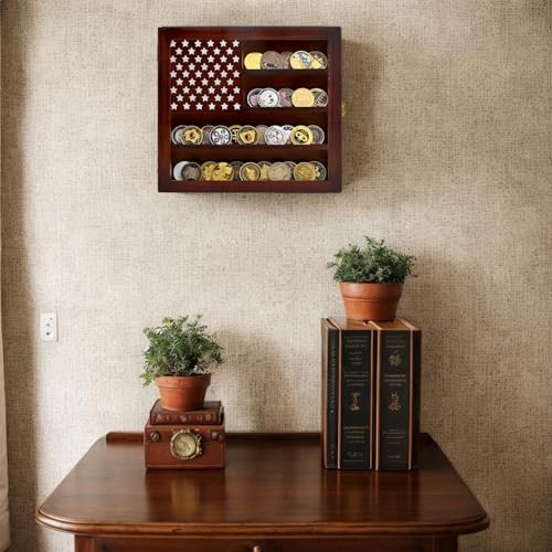 Wall Mounted Challenge Coin Display Stand with Acrylic Glass, Wooden Brown