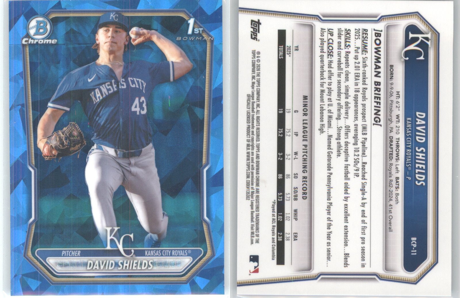2026 Bowman Chrome Sapphire #BCP-11 DAVID SHIELDS Kansas City Royals
