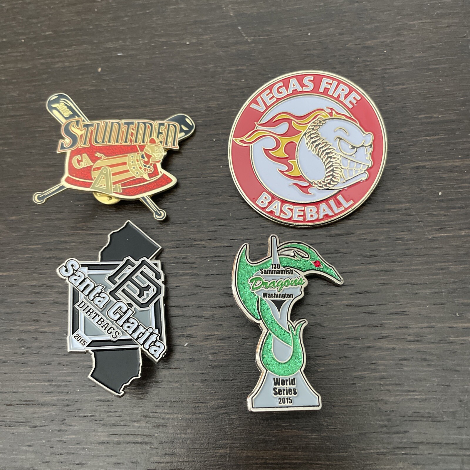 4 Misc Baseball Pins Vegas Fire, 2015 Stuntman, 2015 Santa Clarita, 2015 Dragons