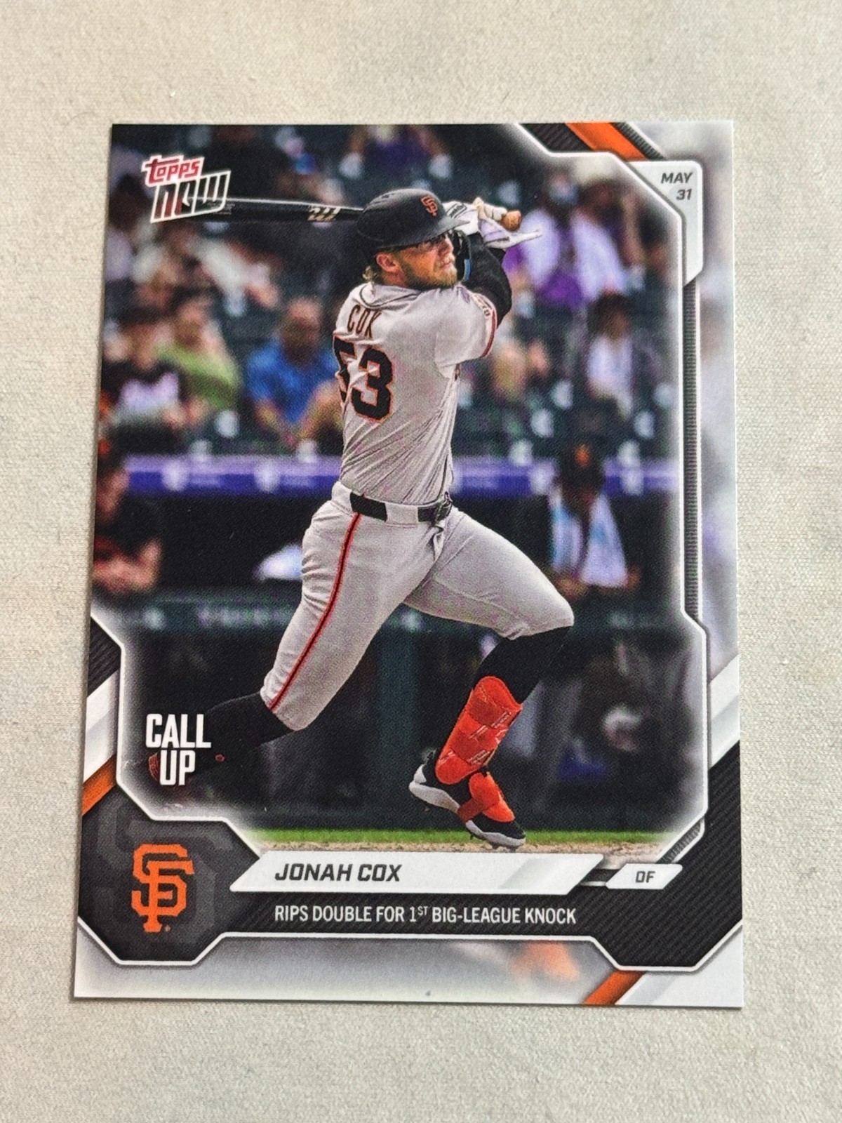 2026 Topps Now Call Up Jonah Cox #274 Giants 1st MLB Hit