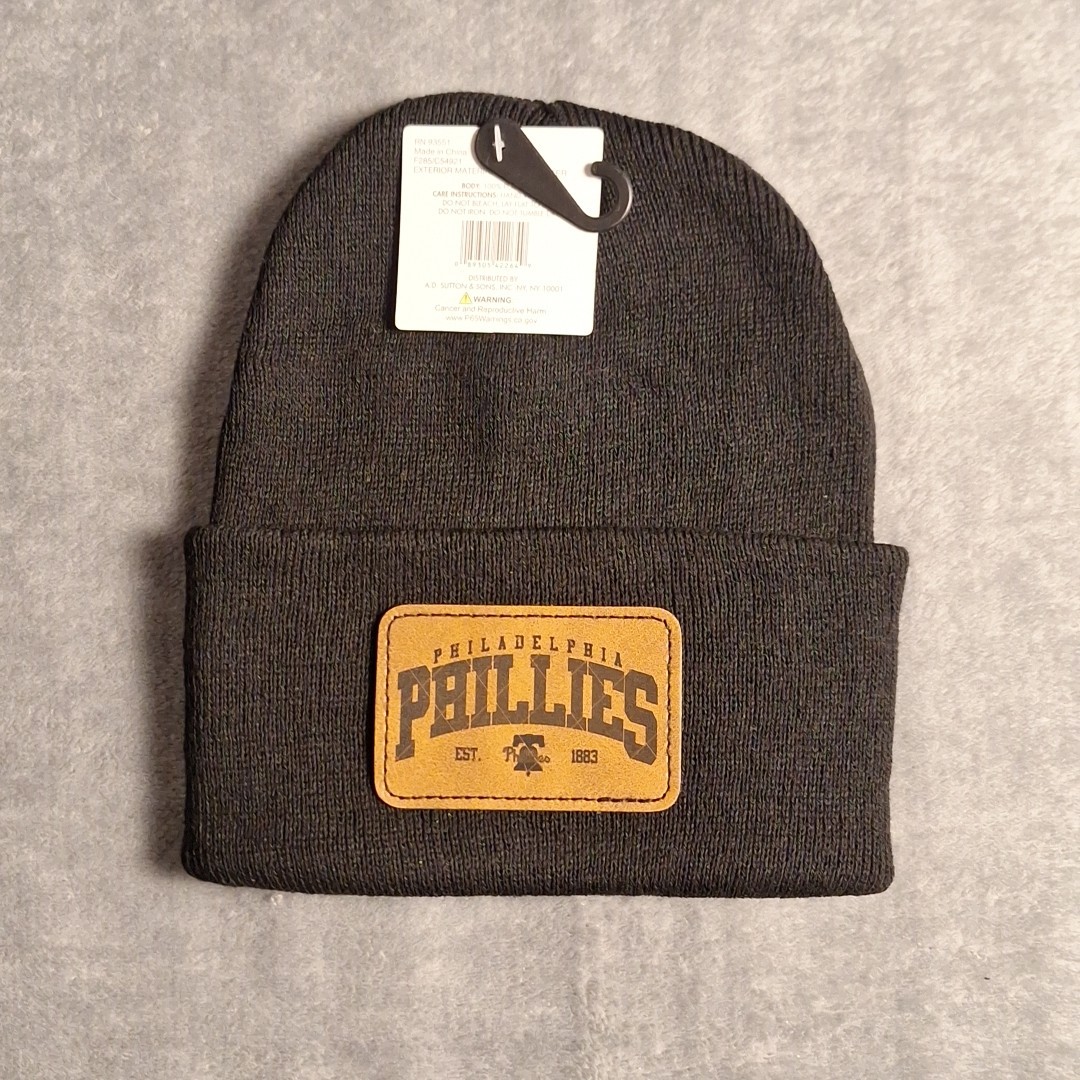 Philadelphia Phillies Leather Rectangle Patch Black Beanie Cap MLB