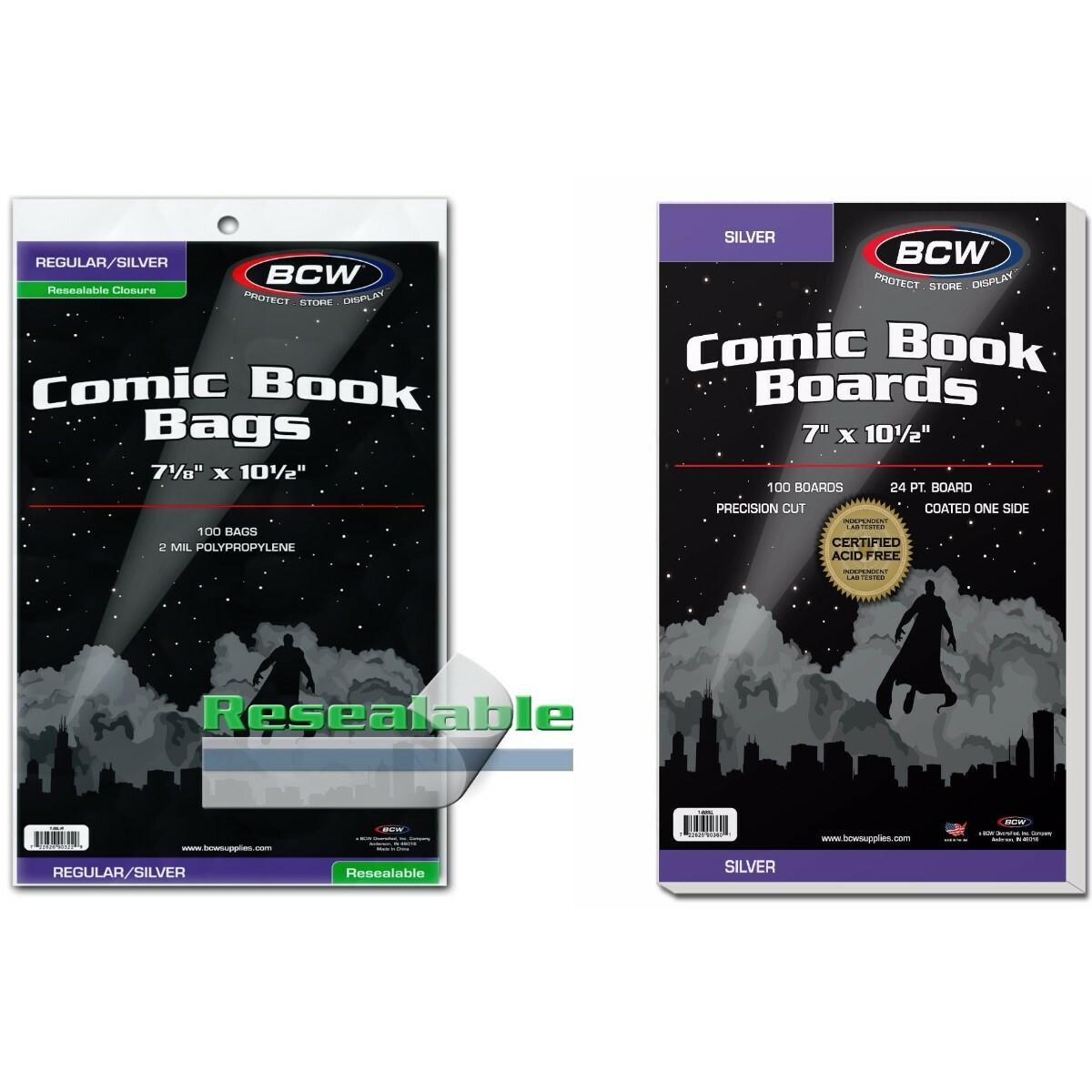 100 – BCW Silver Backing Boards & 2-Mil Resealable Polypropylene Comic Book Bags