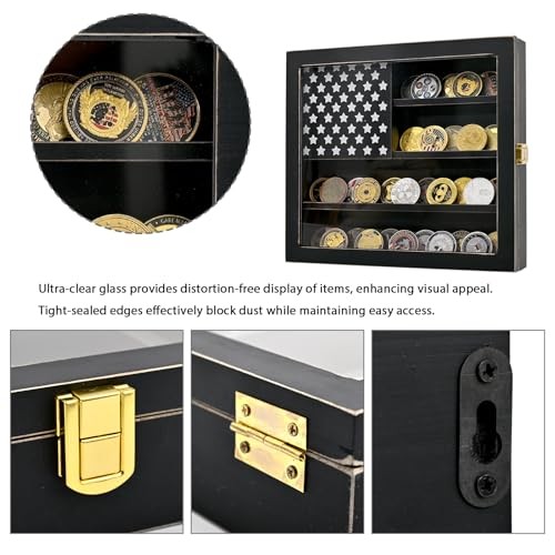 Wall Mounted Challenge Coin Display Stand with Acrylic Glass, Wooden Black