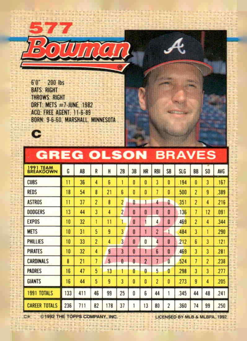 1992 Bowman #577 Greg Olson