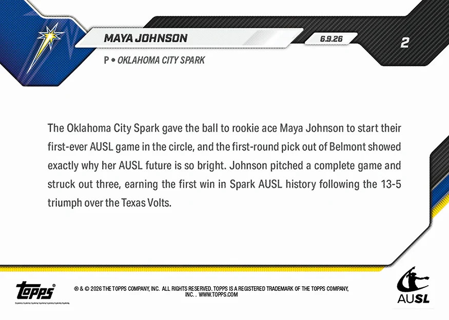 Maya Johnson RC Debut 1st Win 2026 AUSL Topps NOW Card 2