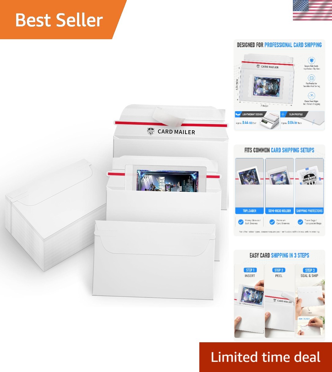 Professional Card Shipping Envelopes, 50-Pack, 7″ x 4.35″ for Toploaders