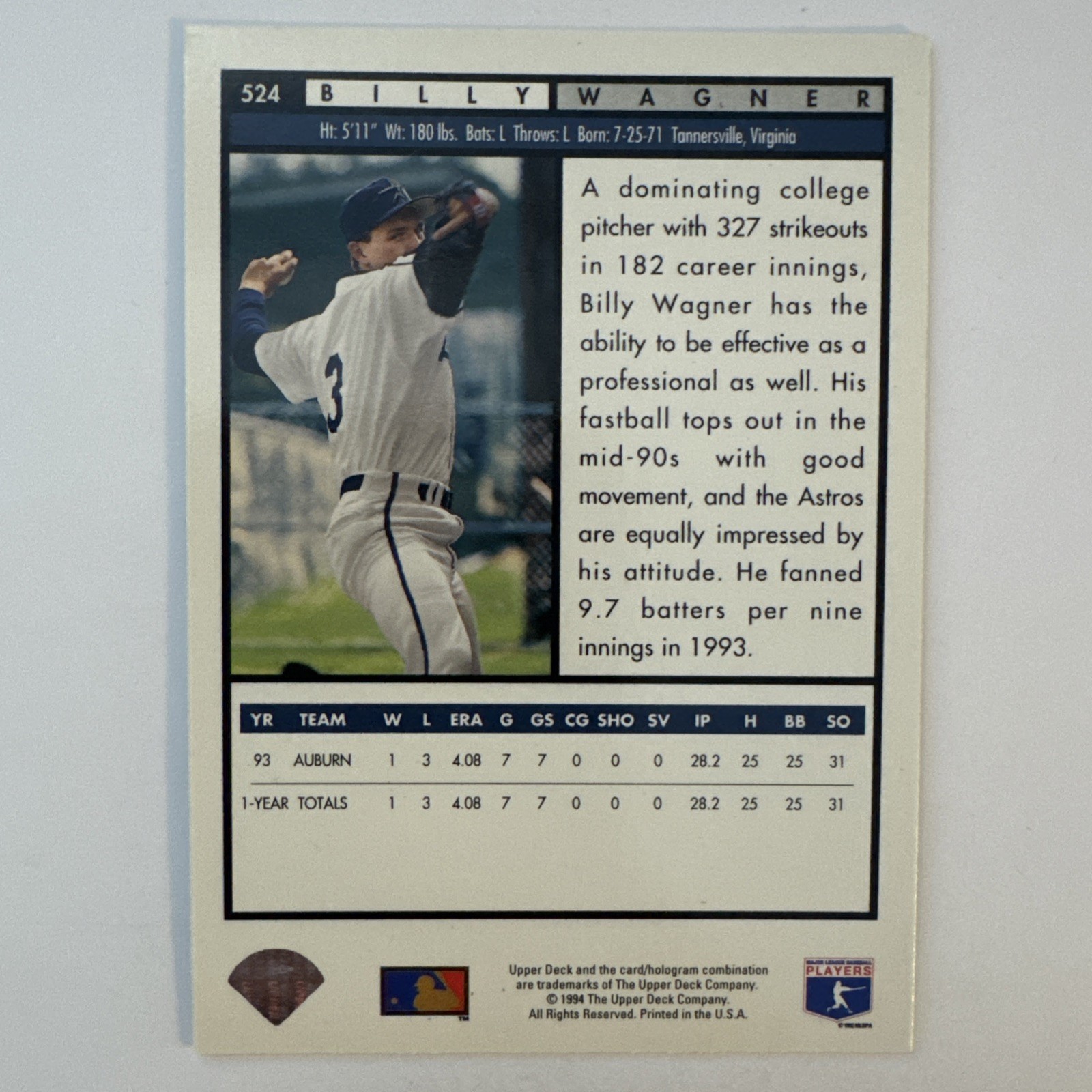 1994 Upper Deck – Billy Wagner #524 (RC)
