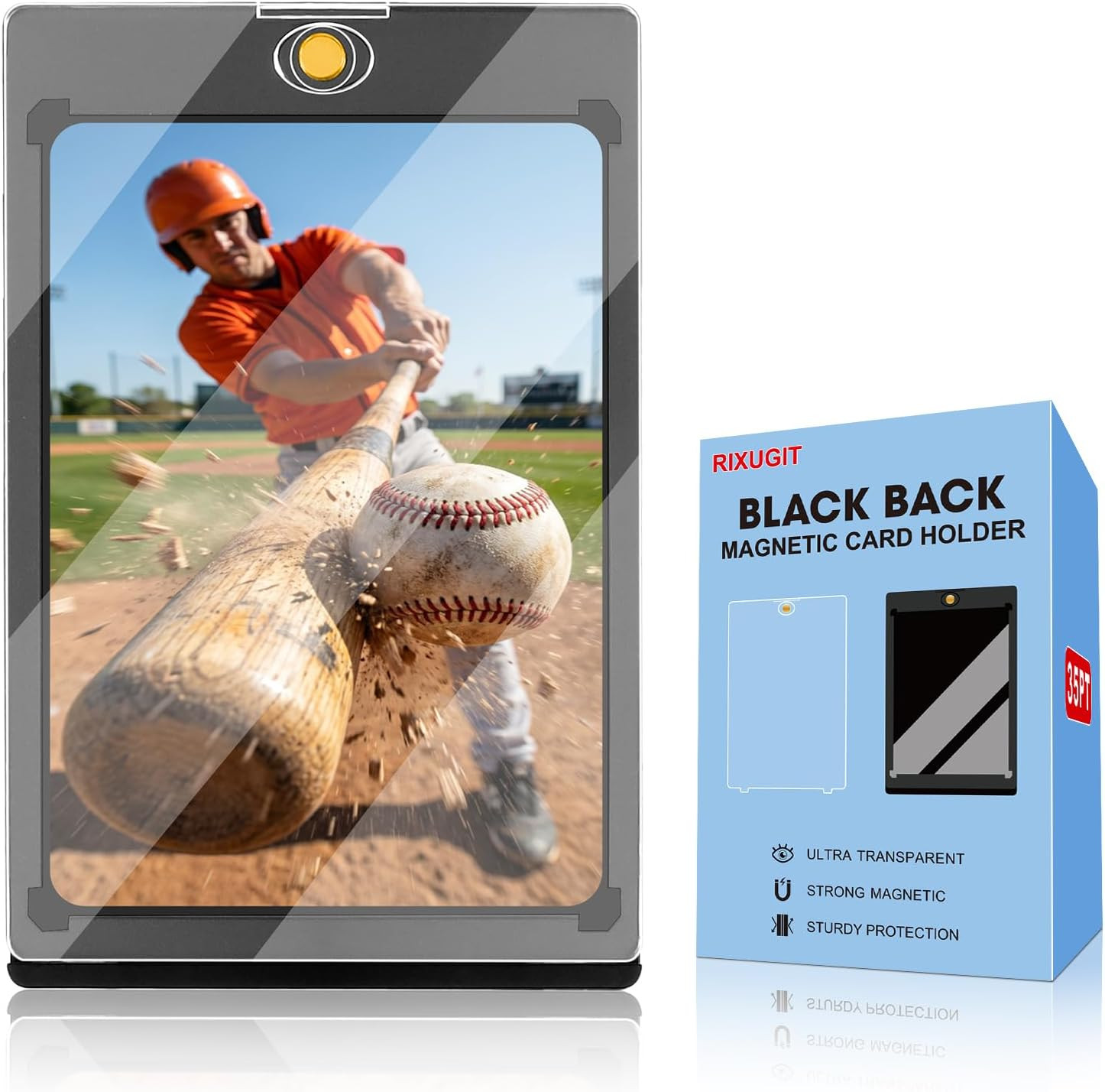 35pt Trading Card Protector Magnetic Case Black Border Clear Display Holder