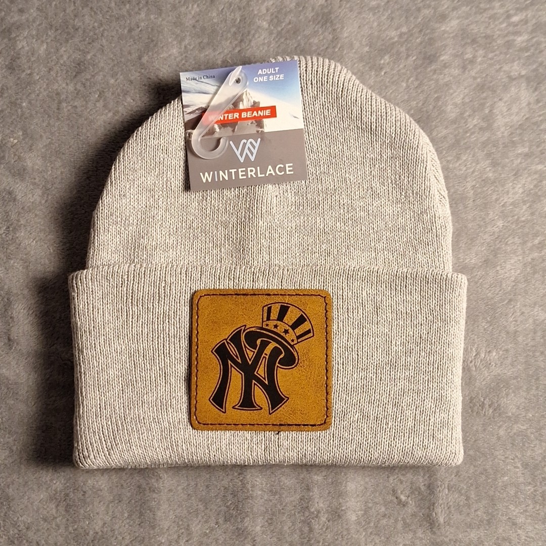 New York Yankees Leather Square Patch Gray Beanie Cap MLB