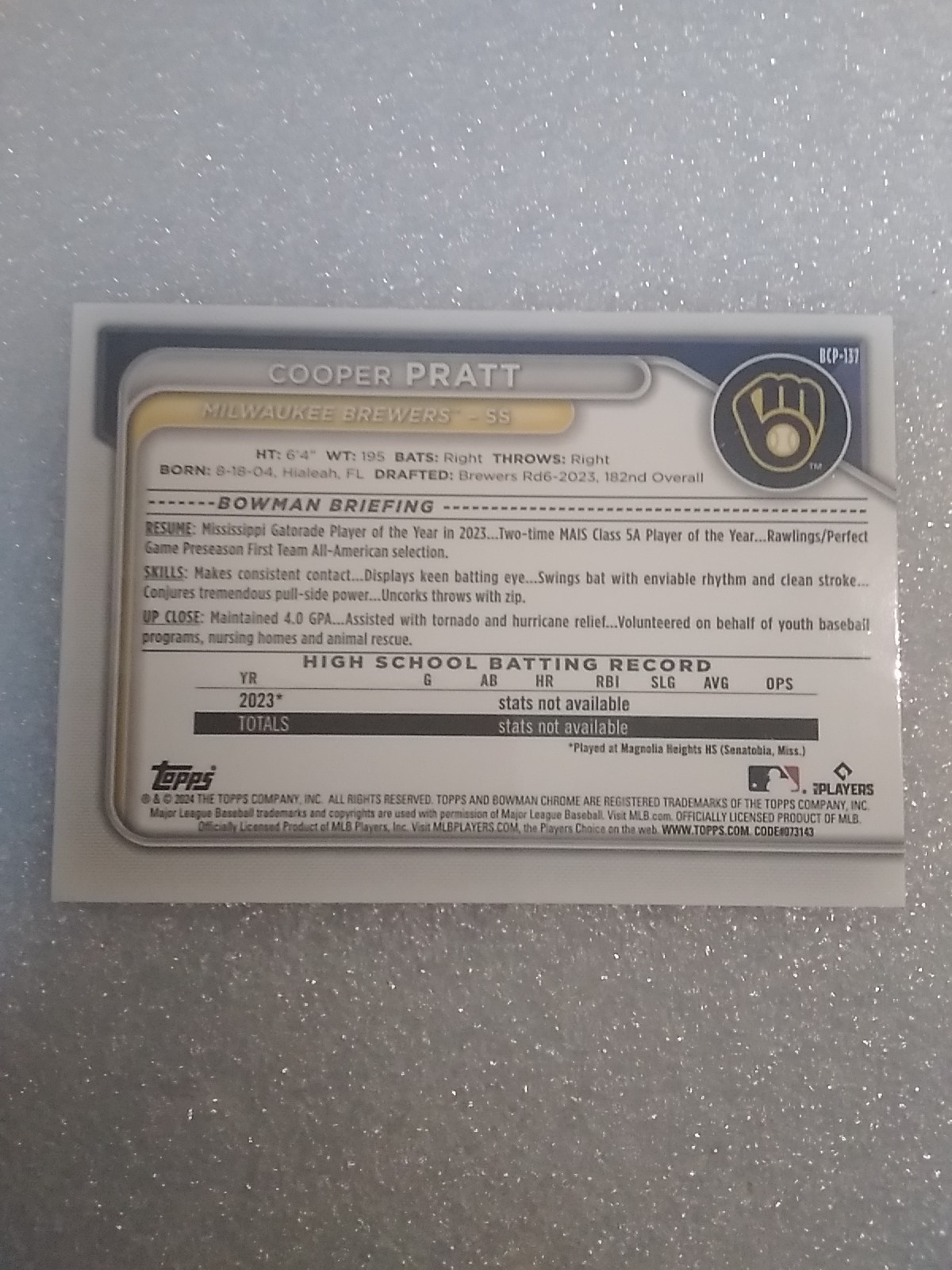 2024 Bowman Chrome Cooper Pratt Blue Raywave/150