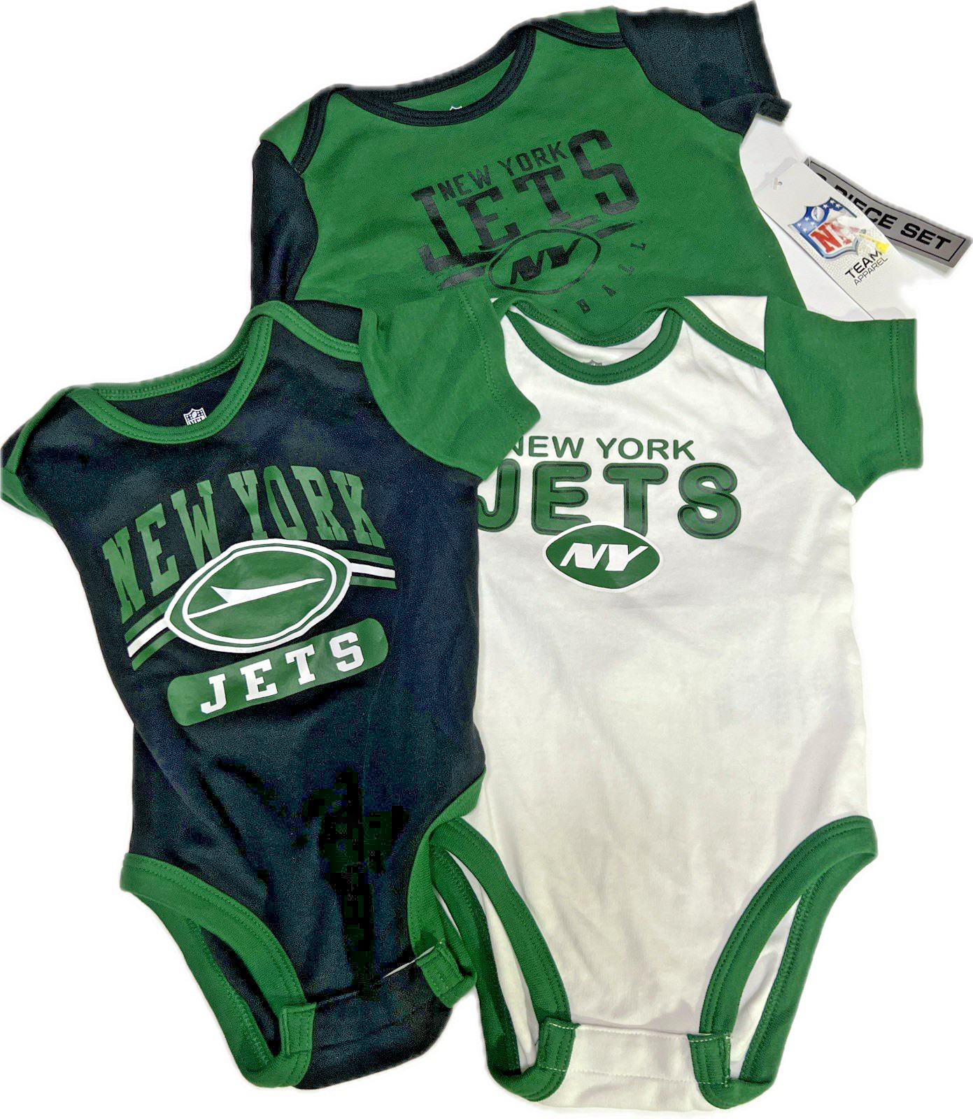 (3) NFL New York Jets Team 1 Piece Size 12 Mo. Green/Blue/White 100% Cotton