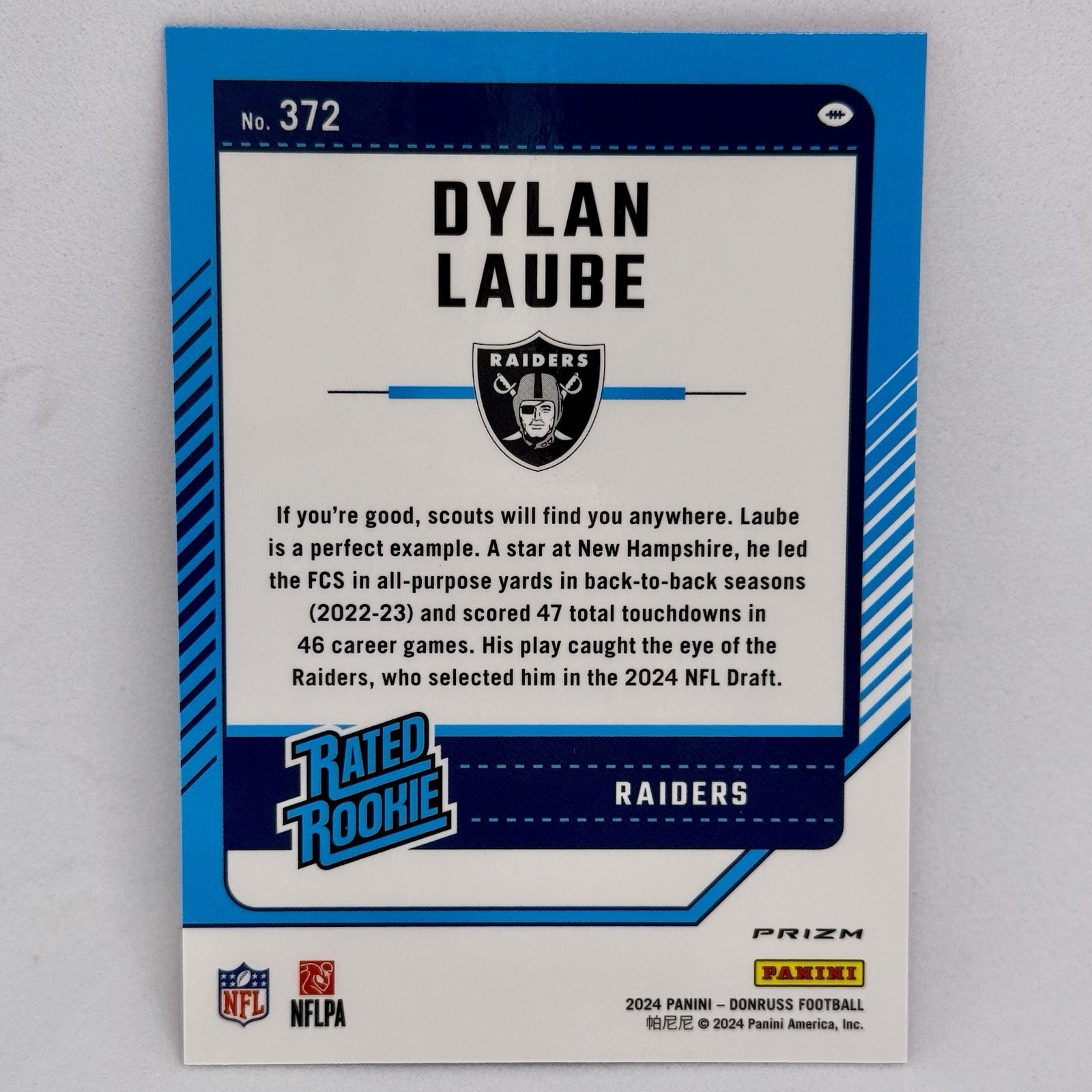 2024 Panini Donruss – Rated Rookie Dylan Laube Optic Holo Pink Prizm Raiders RC