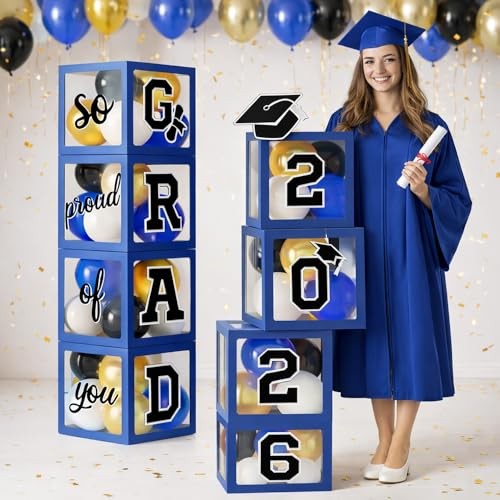 2026 Graduation Balloon Box, 4pcs Transparent Boxes with Letters “2026 Blue
