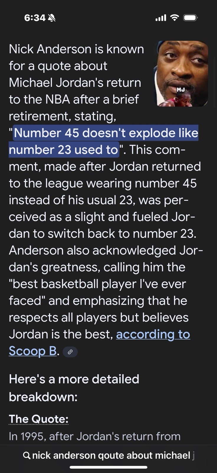 MICHAEL JORDAN WEARING #45 IN 1995 ECF~ NICK ANDERSON “45 Isn’t 23” TYPE 1 PHOTO