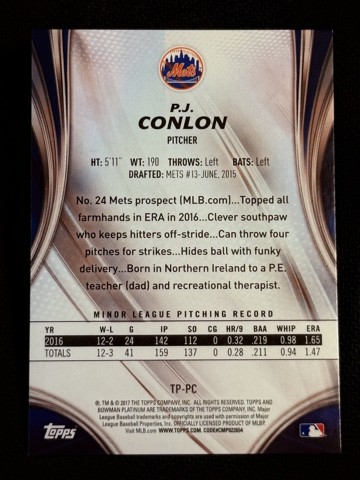 2017 Bowman Platinum ORANGE FOIL REFRACTOR P.J. Conlon 09/25