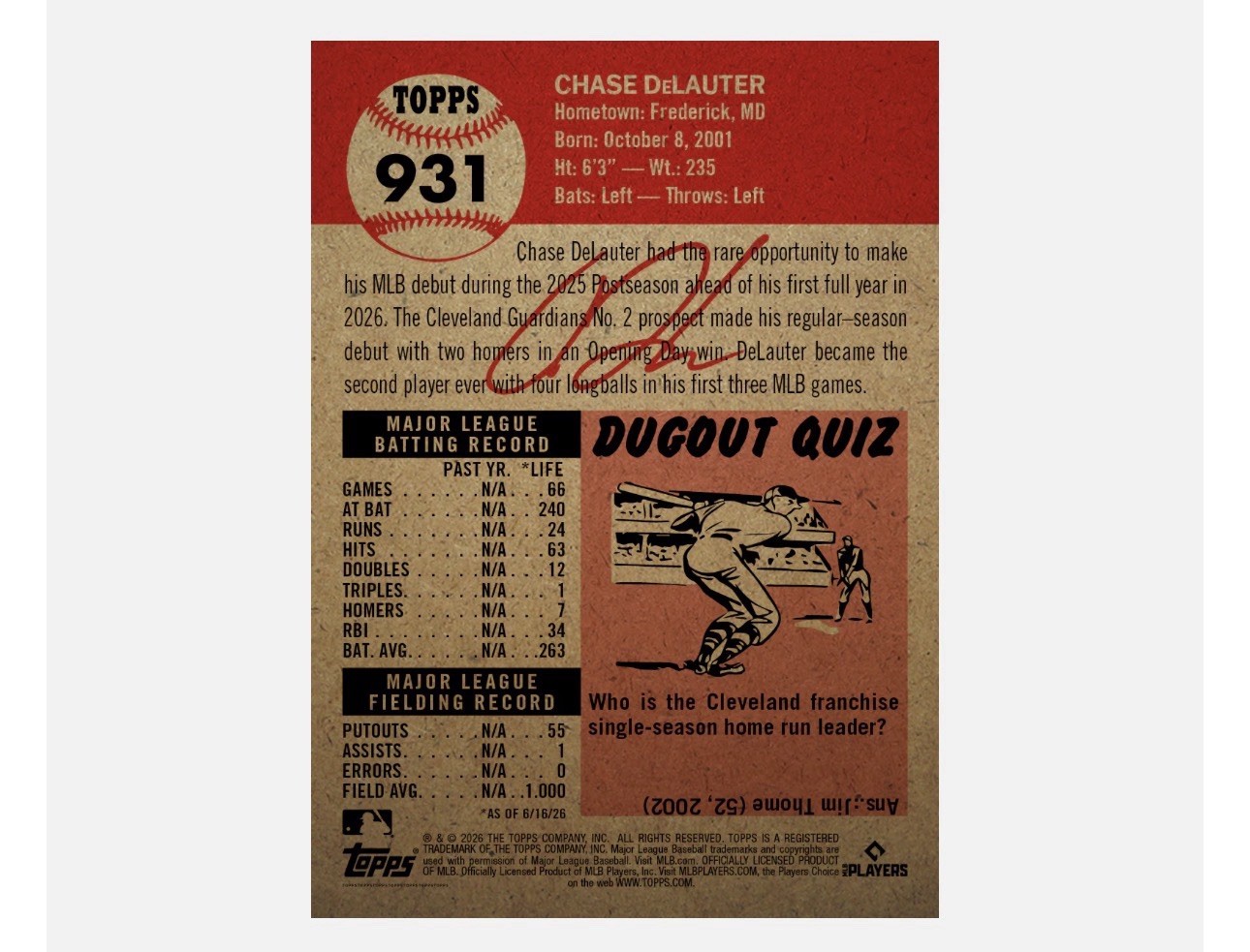 Chase DeLauter RC Guardians 2026 Topps Living Set Card 931 Presale