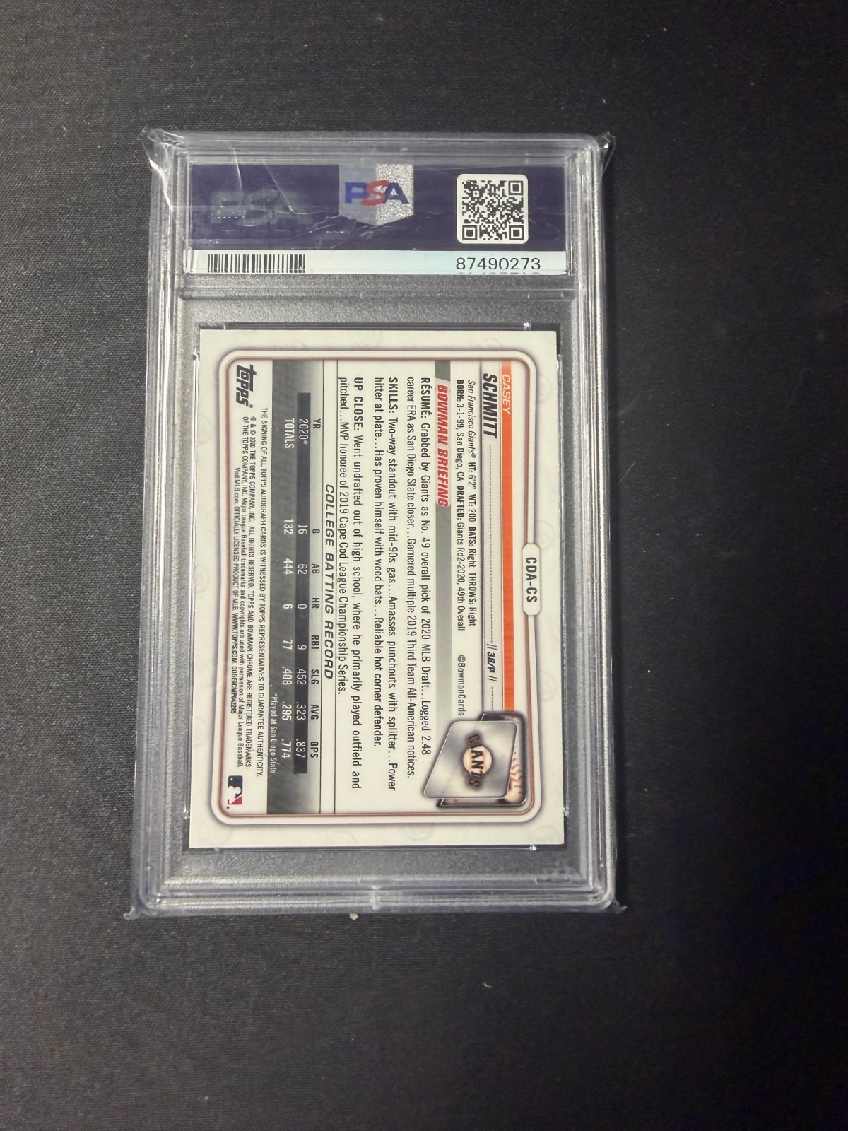 2020 Bowman Draft Casey Schmitt #CDA-CS 1st Sparkle Refractor Auto /71 PSA 8
