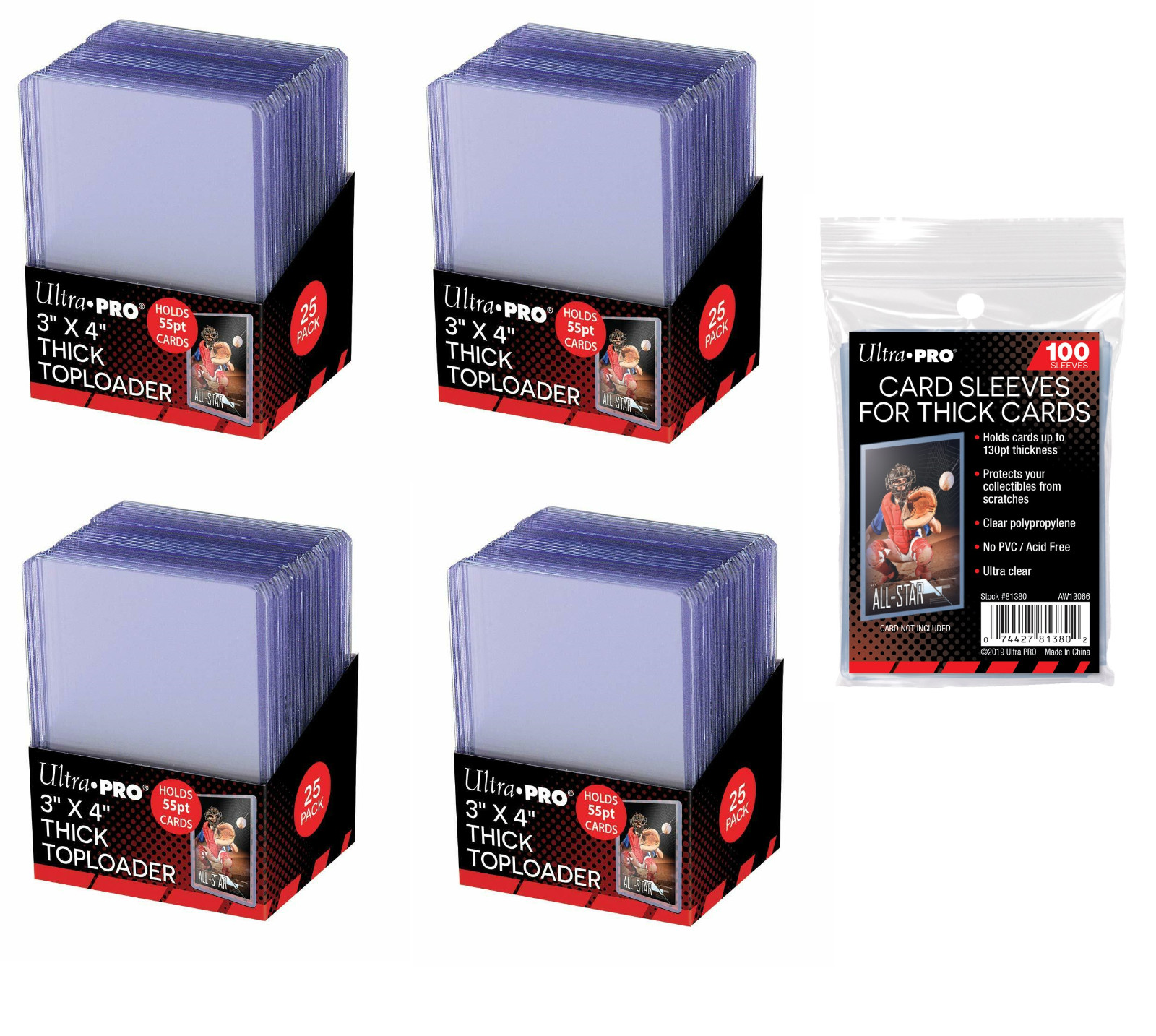 (100 / 4 Packs) Ultra Pro Thick 55pt Toploaders For Thicker Cards + 100 Sleeves