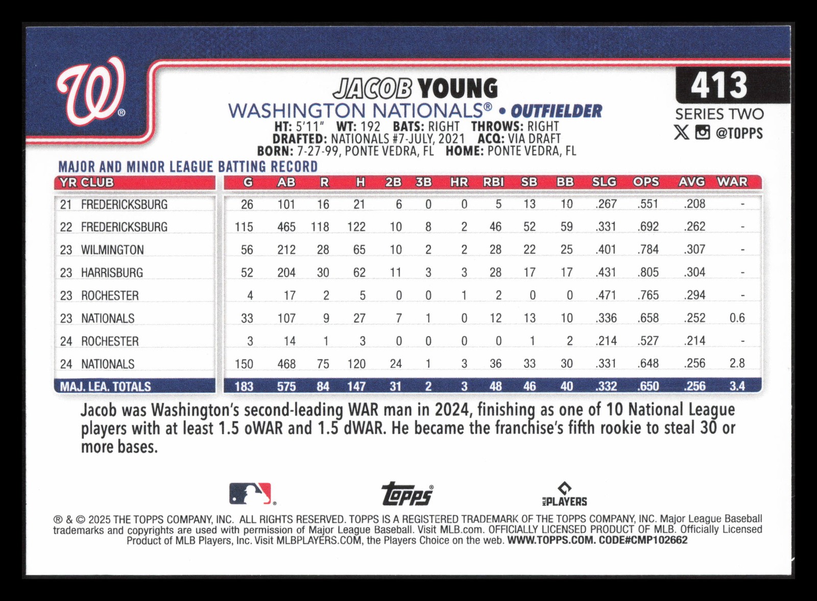 Jacob Young 2025 Topps Series 2 #413 Washington Nationals
