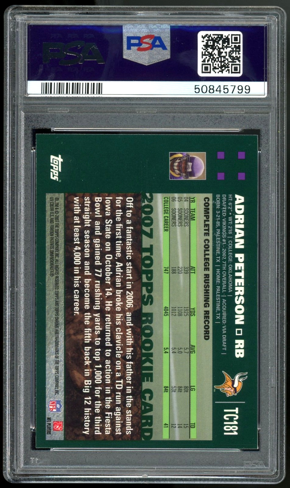 2007 TOPPS CHROME #TC181 ADRIAN PETERSON PSA 9