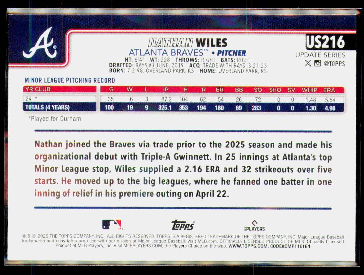 2025 Topps Update #US216 Nathan Wiles Holiday