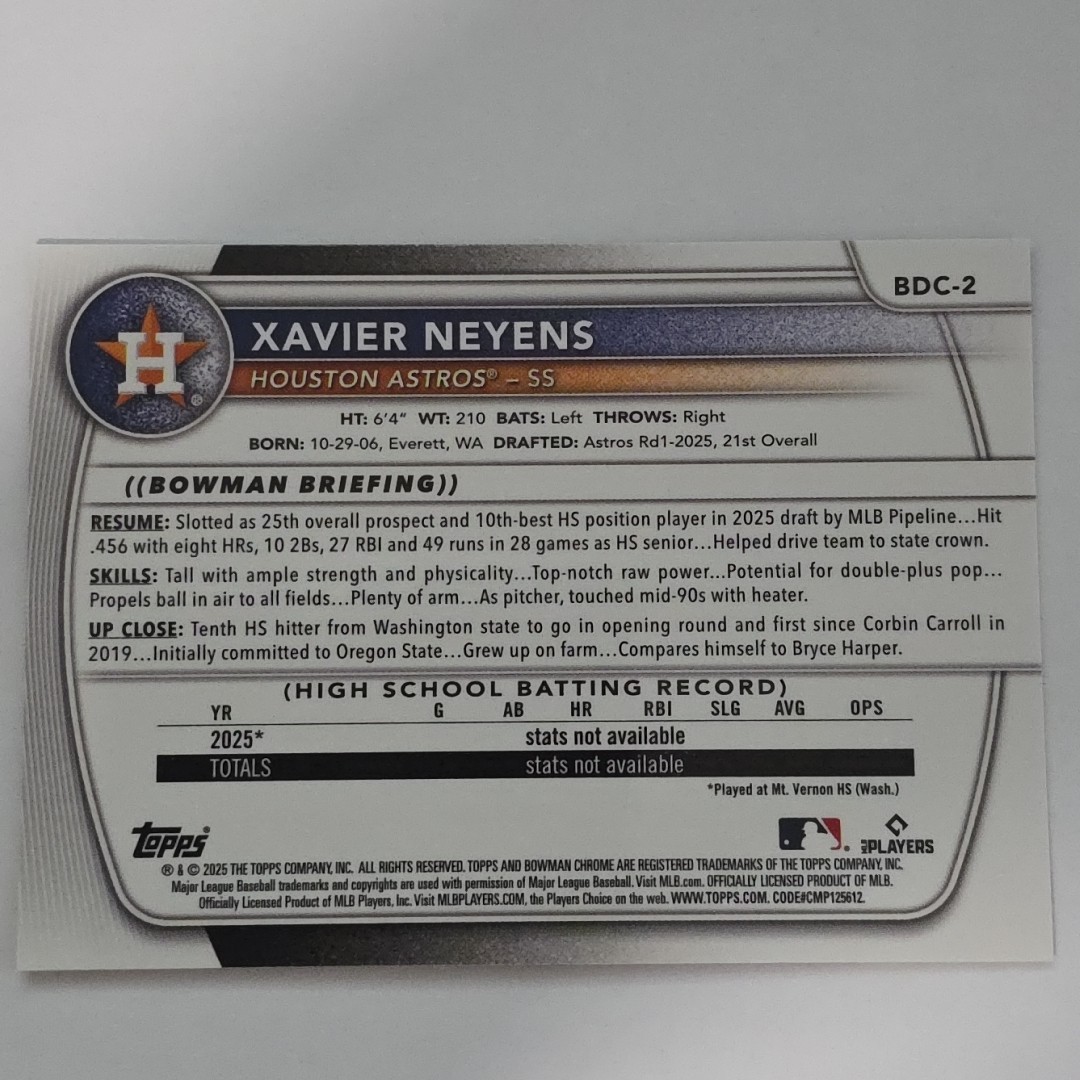 Xavier Neyens 2025 Bowman Draft Chrome 1st Yellow Geometric Refractor /75 Astros