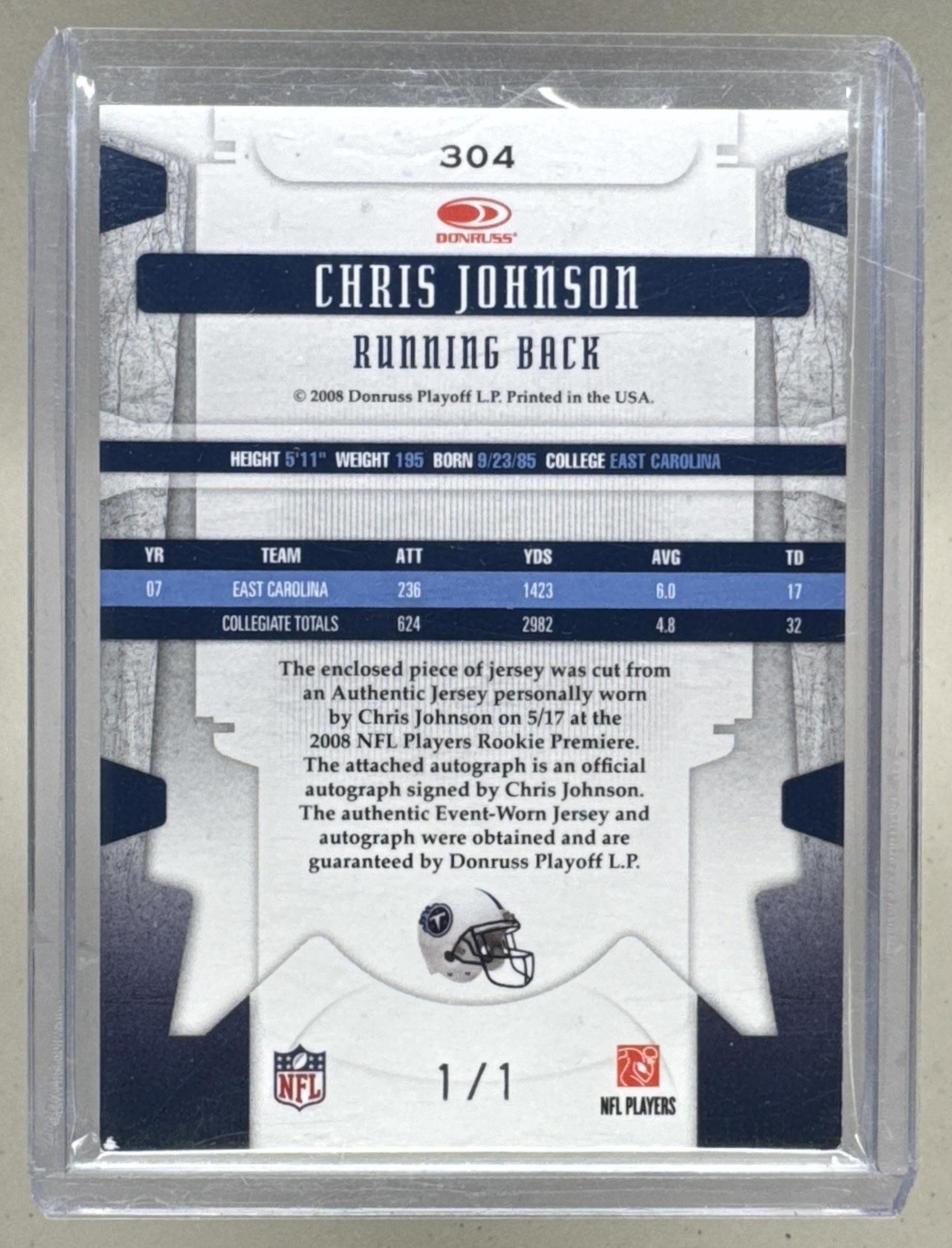 Chris Johnson 2008 Leaf Limited #304 Platinum Spotlight RC NFL Shield Patch 1/1