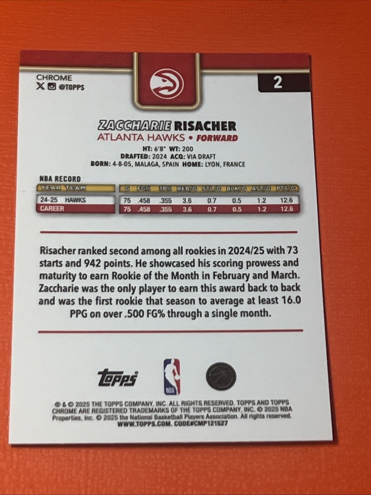 Zaccharie Risacher ~ 2025-26 Topps Chrome Basketball #2 /75 Purple Pulsar 🫎