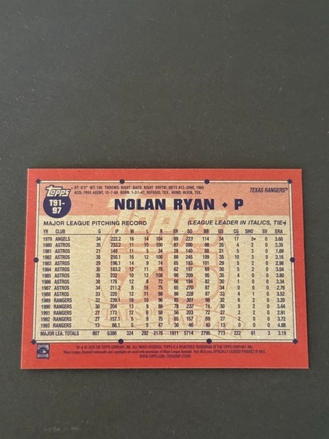 2026 Topps Series 1 1991 Throwback T91-97 Nolan Ryan Texas Rangers Insert Card