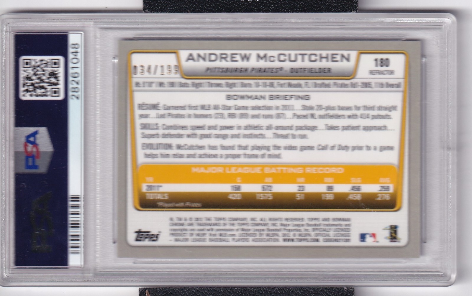 2012 Bowmam Chrome Andrew McCutchen #180 Purple Refractor 34/199 PSA 9
