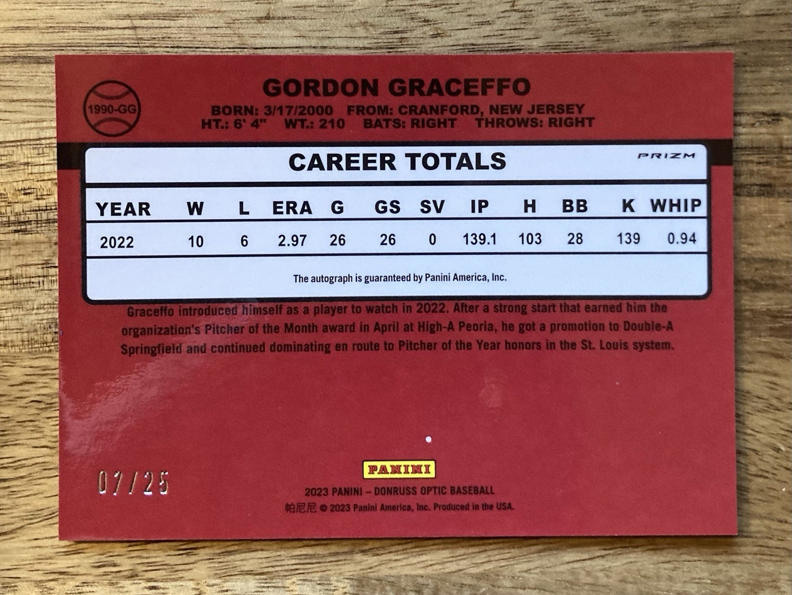 2023 Donruss Baseball Gordon Graceffo 1990 Retro Signatures red /25 #1990-GG
