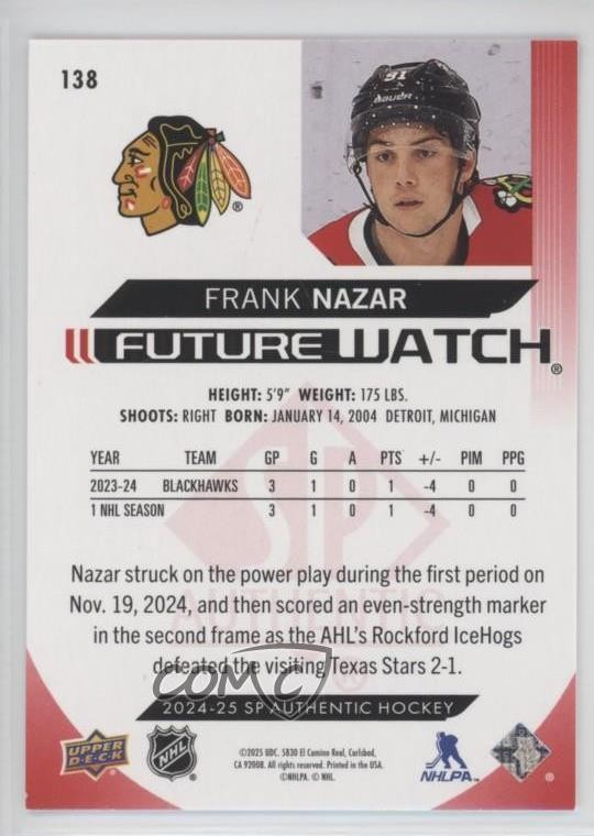 2024-25 SP Authentic Future Watch Limited Red Frank Nazar #138 Rookie RC 14sr