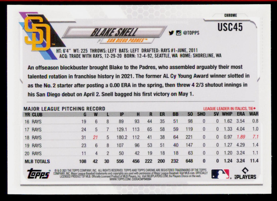 2021 Topps Chrome Update Blake Snell USC45 Purple Refractor San Diego Padres