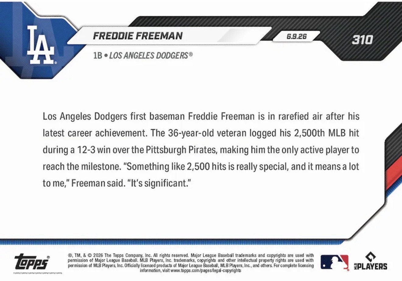 Freddie Freeman 2500 Hits 2026 MLB Topps NOW Card 310 Presale LA Dodgers 🔥🔥