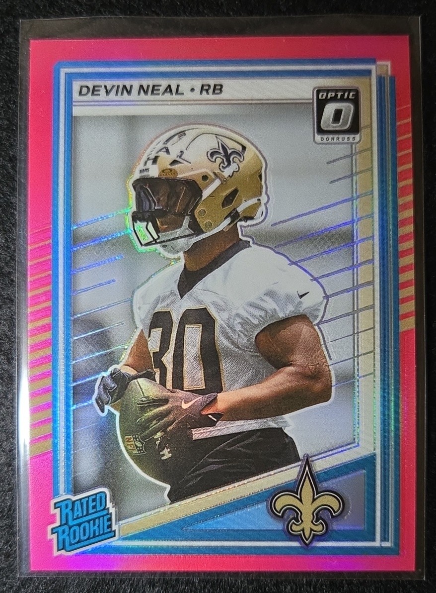 2025 Panini Donruss Devin Neal #359 Optic Rated Rookie Preview Pink RC Saints
