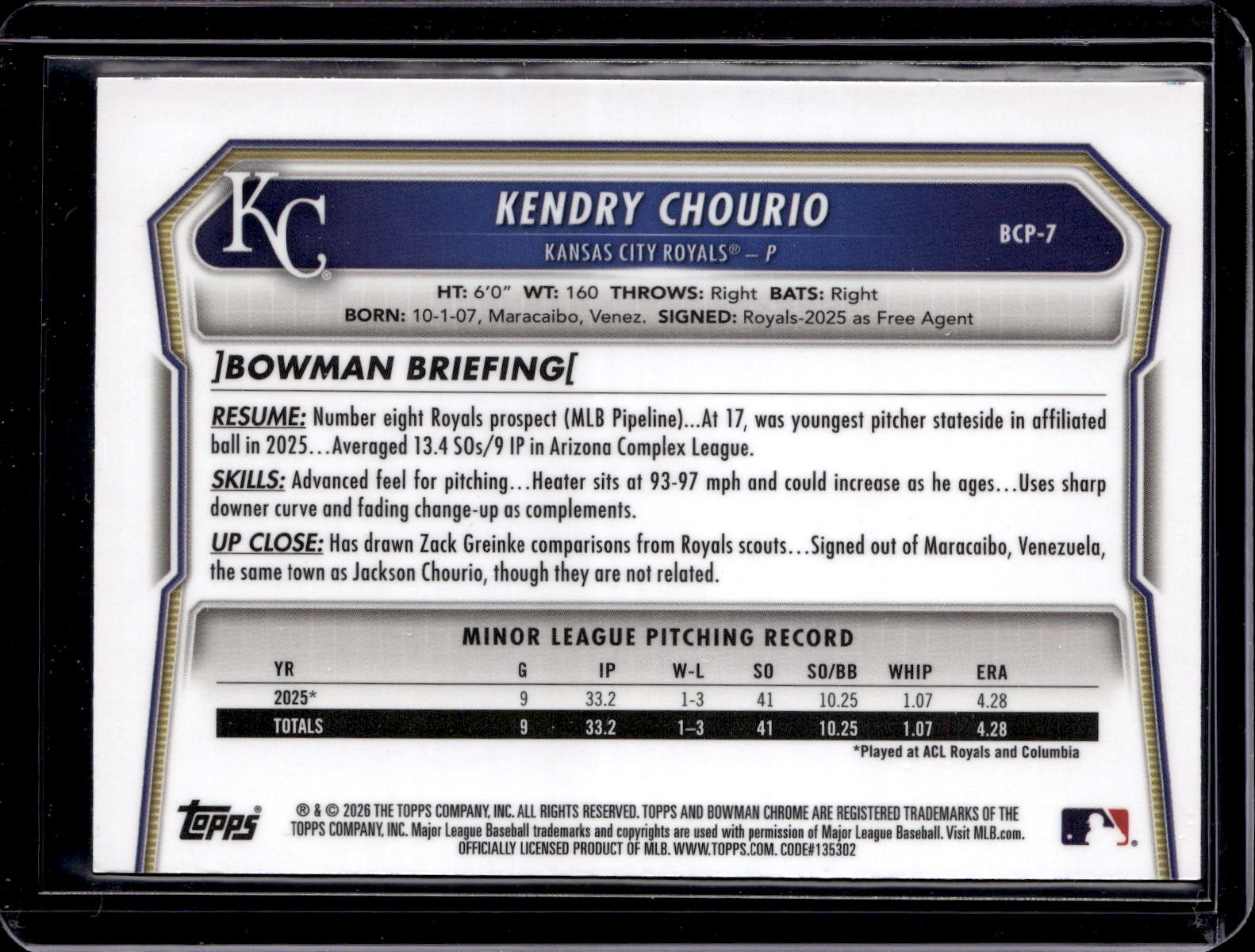 2026 Bowman #BCP-7 Kendry Chourio Chrome Prospects Peanuts Refractor Royals
