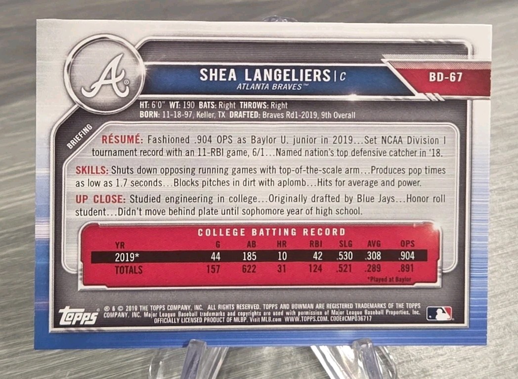 Shea Langeliers 2019 Bowman Draft Paper 1st Bowman #BD-67 Braves/Athletics