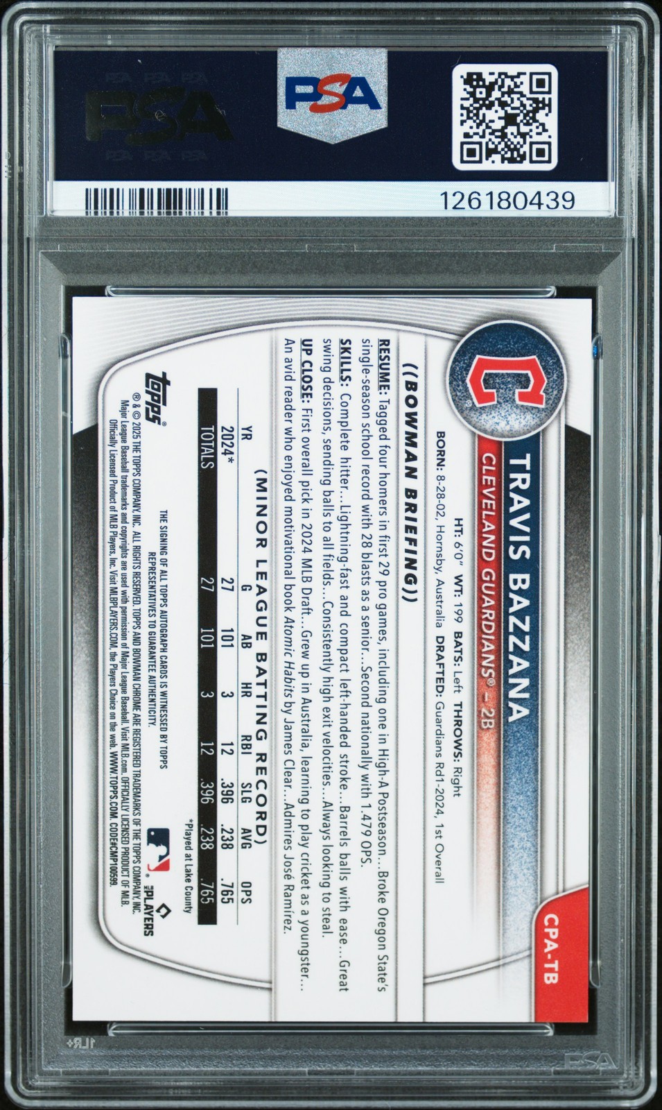 2025 BOWMAN CHROME PROSPECT AUTOS SPECKLE REFRACTOR TRAVIS BAZZANA 237/299 PSA 9