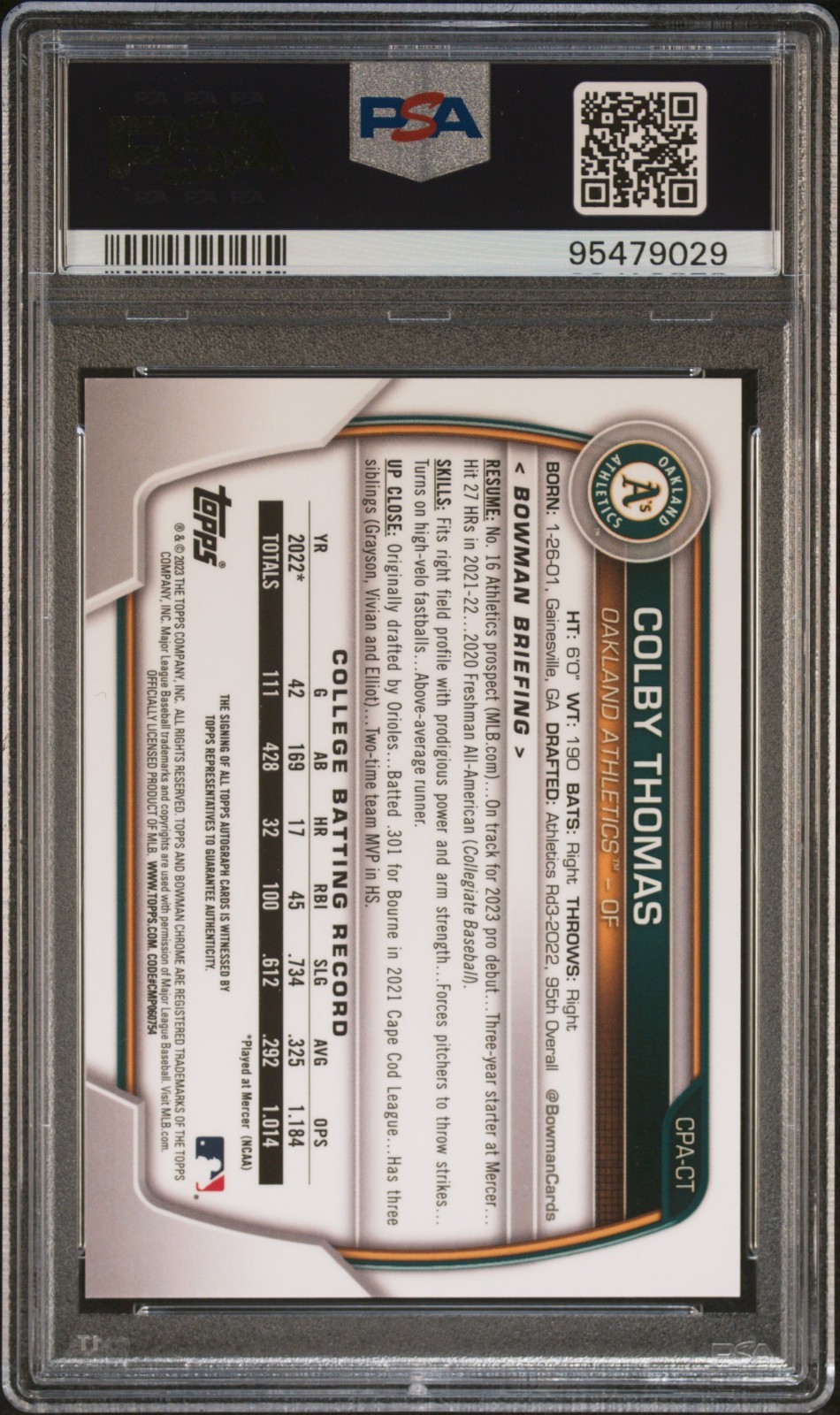 2023 Bowman Chrome Colby Thomas 1ST Prospect Auto Blue /150 #CPA-CT PSA 9 A’s