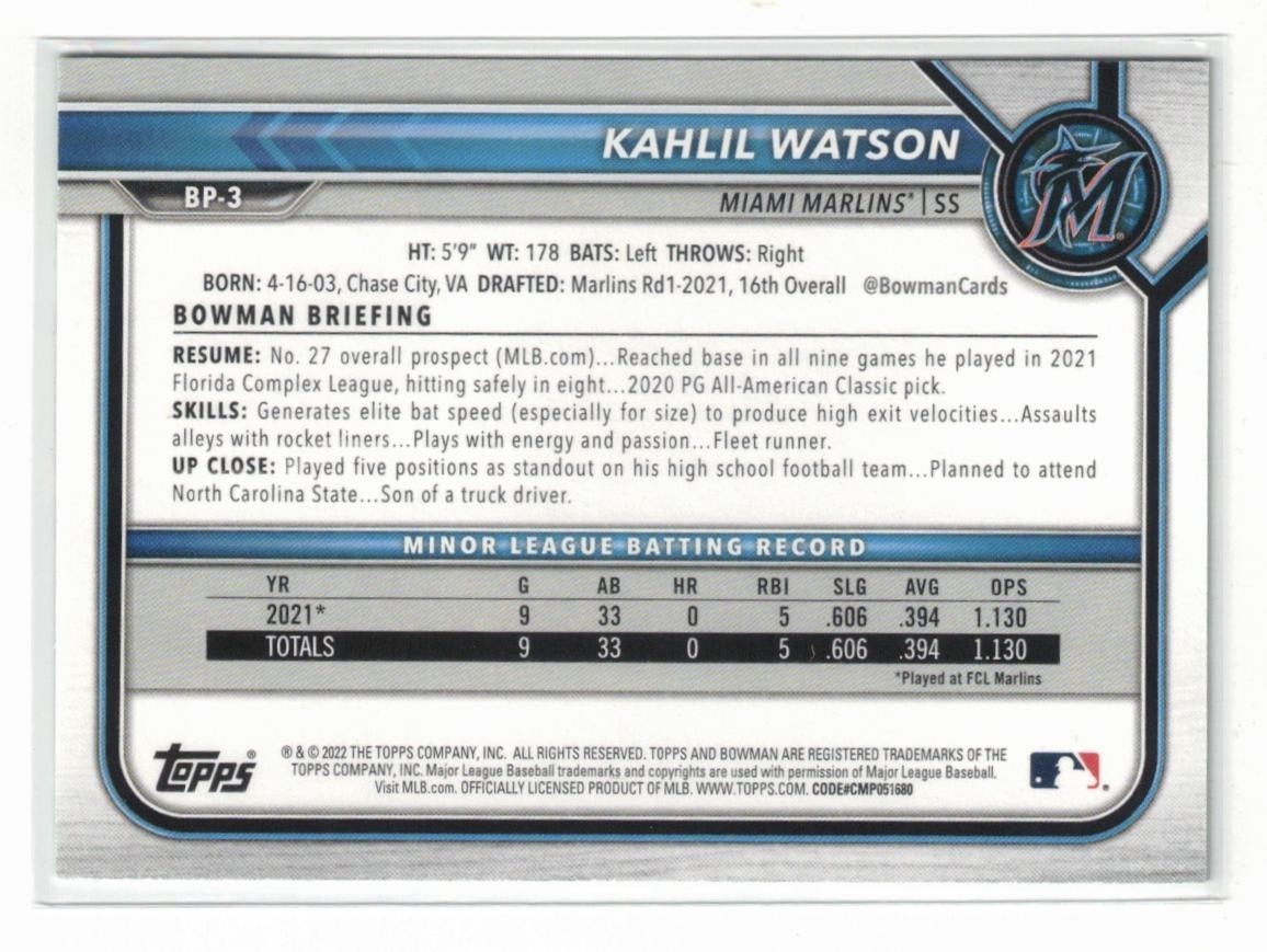 2022 1st Bowman Paper GREEN Pattern RC Kahlil Watson #BP-3! Guardians Rookie /99
