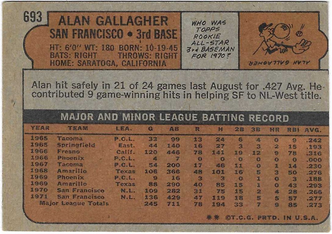 1972 TOPPS – #693 ALAN GALLAGHER (GIANTS)!! TOUGH HIGH NUMBER! GREAT CARD!!